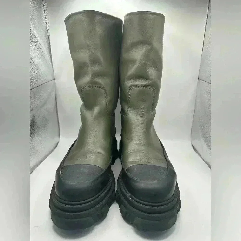 Ganni Women’s Military Green Black Tubular Leather Boots Size 10 US 40 EUR $500 - Picture 2 of 7